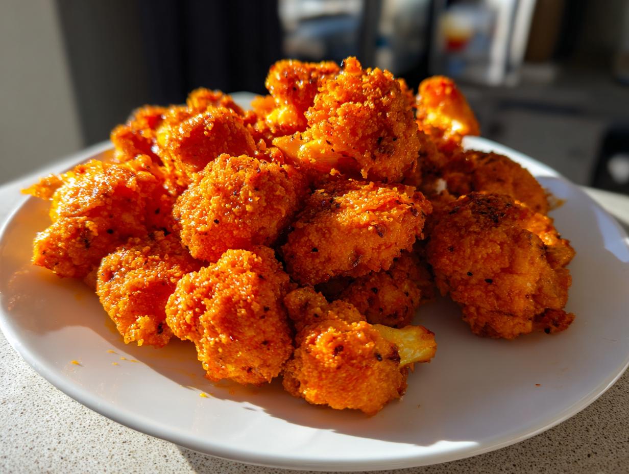 A pile of crispy, bright orange buffalo cauliflower bites served on a white plate, glistening under natural light.