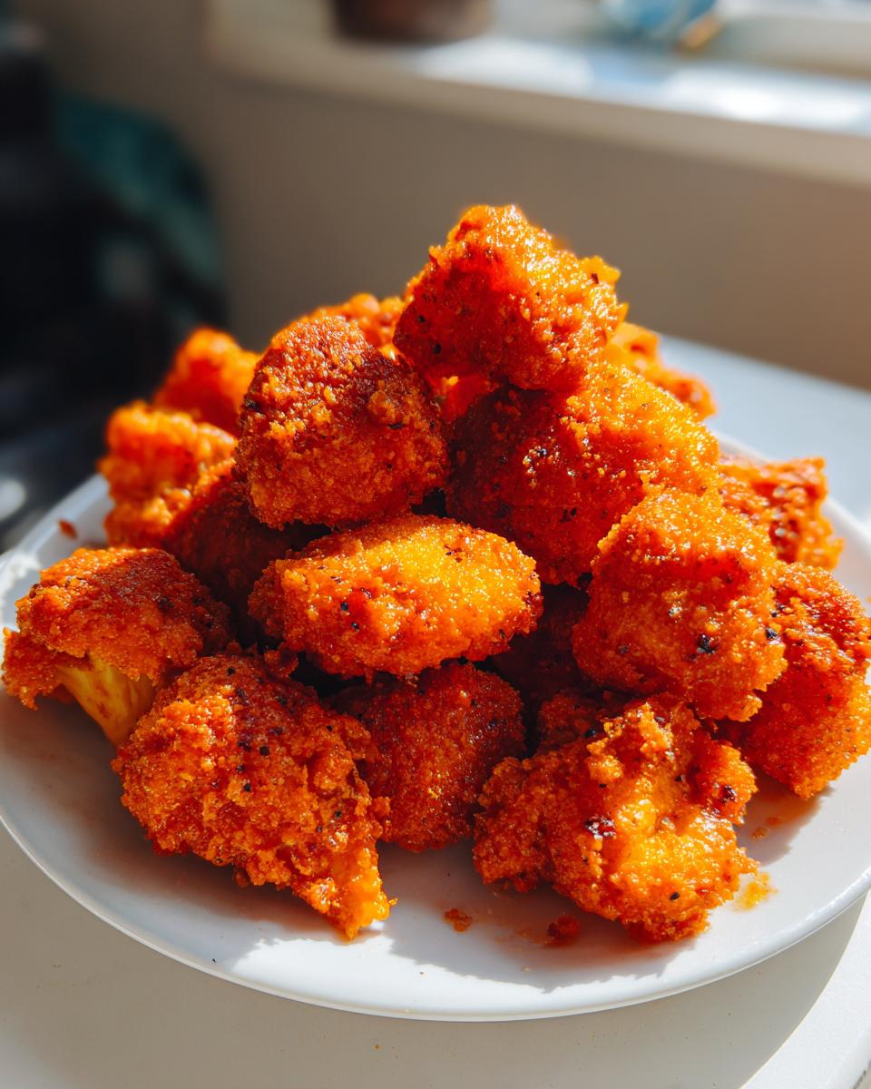 A close-up of a mound of crispy, bright orange buffalo cauliflower bites piled high on a white plate.