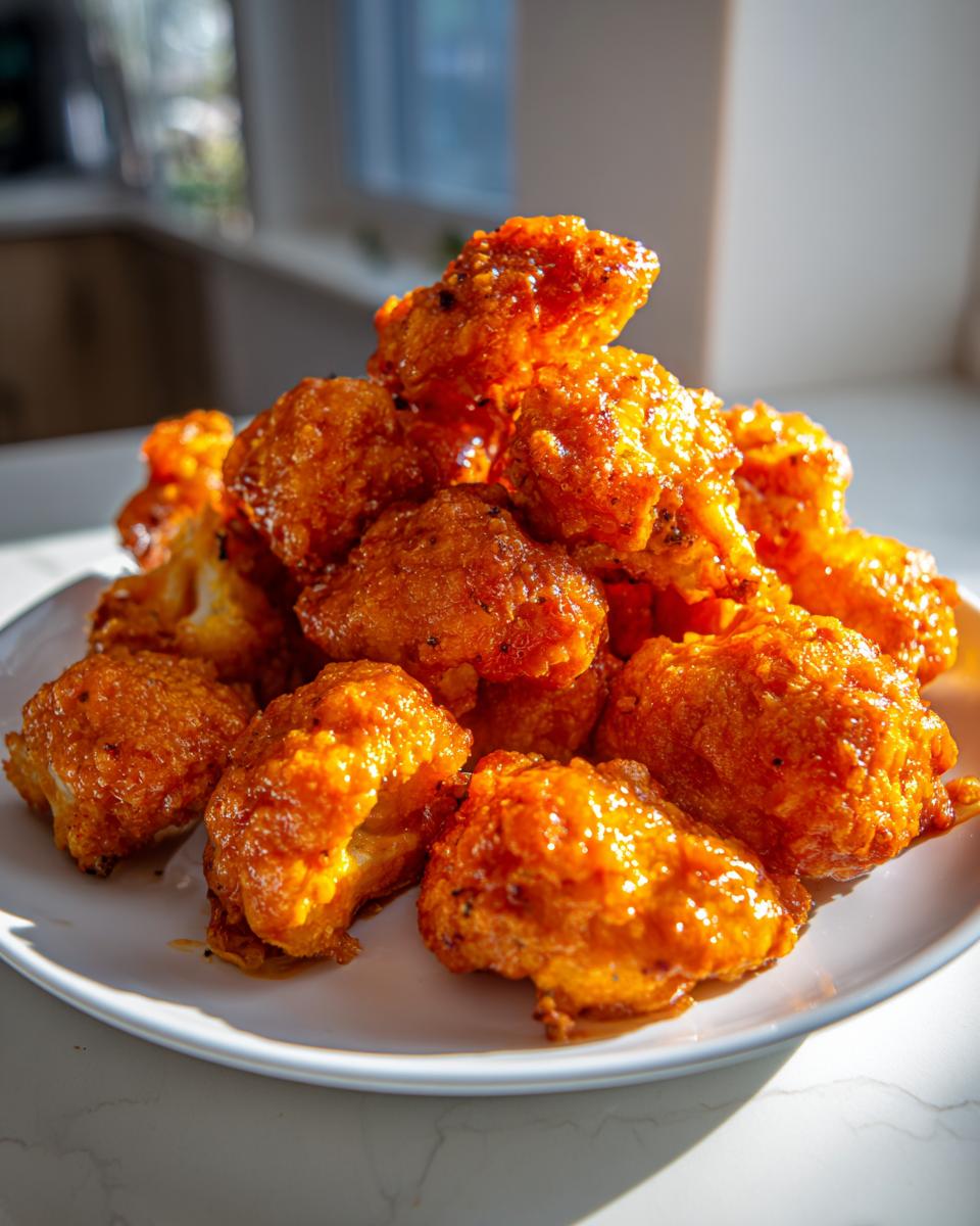 A tempting pile of crispy, saucy buffalo cauliflower bites stacked high on a white plate indoors.