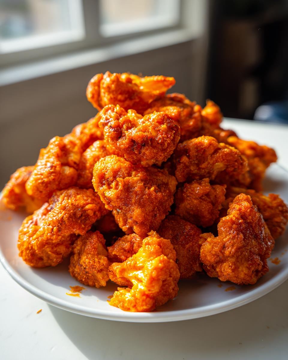 A close-up of a generous pile of crispy, bright orange buffalo cauliflower bites served on a white plate.