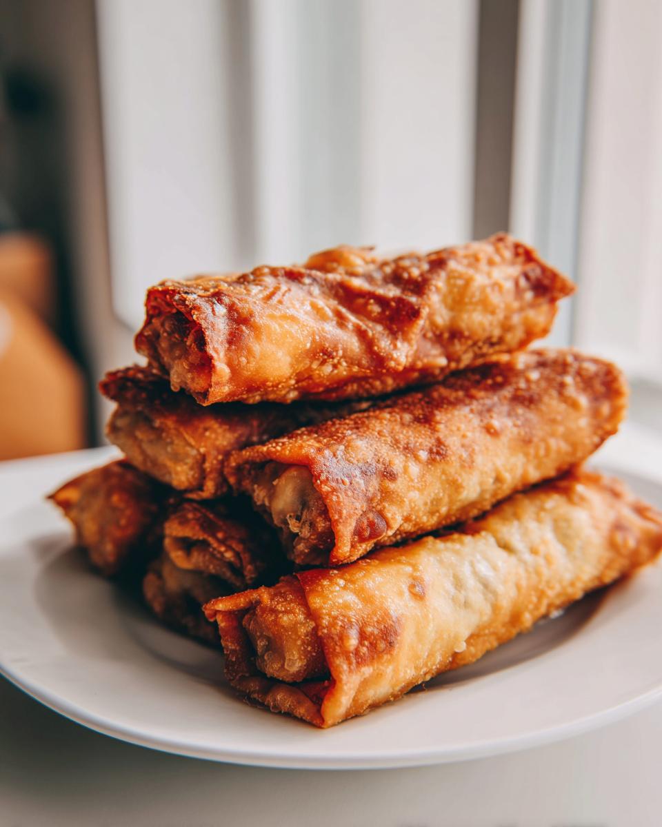 A stack of golden brown, crispy fried egg roll appetizers piled on a white plate near a bright window.