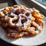 Close-up of freshly fried, golden brown funnel cake recipe generously dusted with white powdered sugar on a white plate.