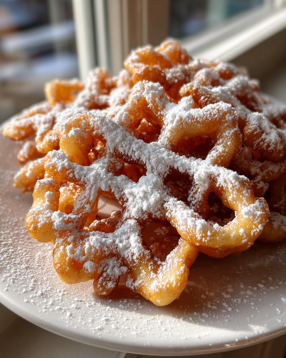 A close-up of freshly made, crispy funnel cake recipe piled high and heavily dusted with white powdered sugar.