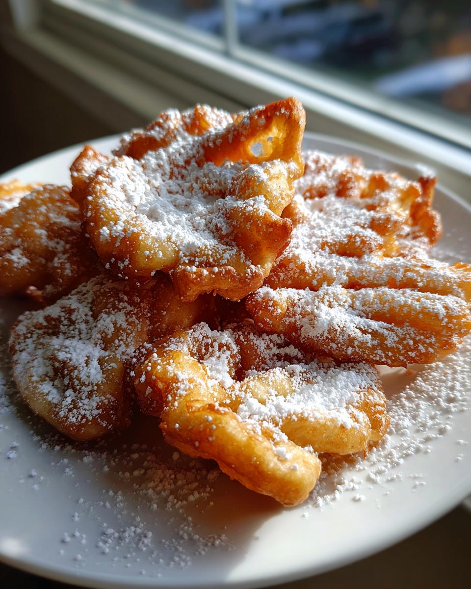 Close-up of golden, crispy funnel cake recipe pieces generously dusted with powdered sugar on a white plate.