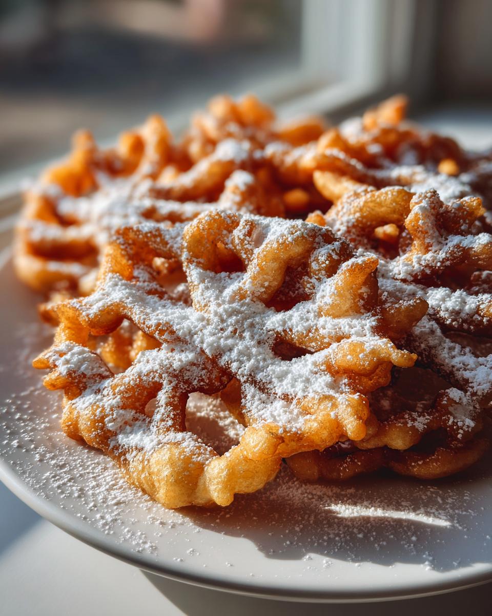Close-up of a golden, crispy funnel cake recipe mound generously dusted with white powdered sugar.