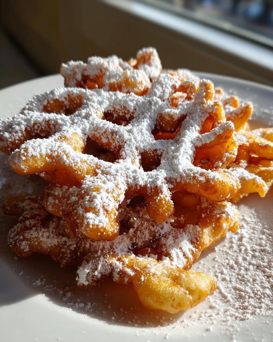 Close-up of a golden brown, crispy funnel cake recipe heavily dusted with white powdered sugar on a white plate.