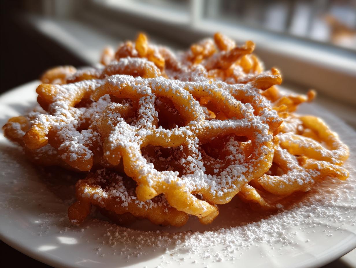 Close-up of a freshly made, golden brown funnel cake recipe piled high and dusted generously with white powdered sugar.