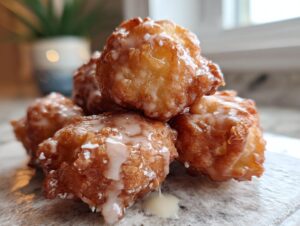 A stack of freshly fried, golden brown apple fritter pieces drizzled with white glaze.