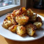 A pile of golden brown, crispy oven roasted potatoes seasoned with dried herbs on a white plate.