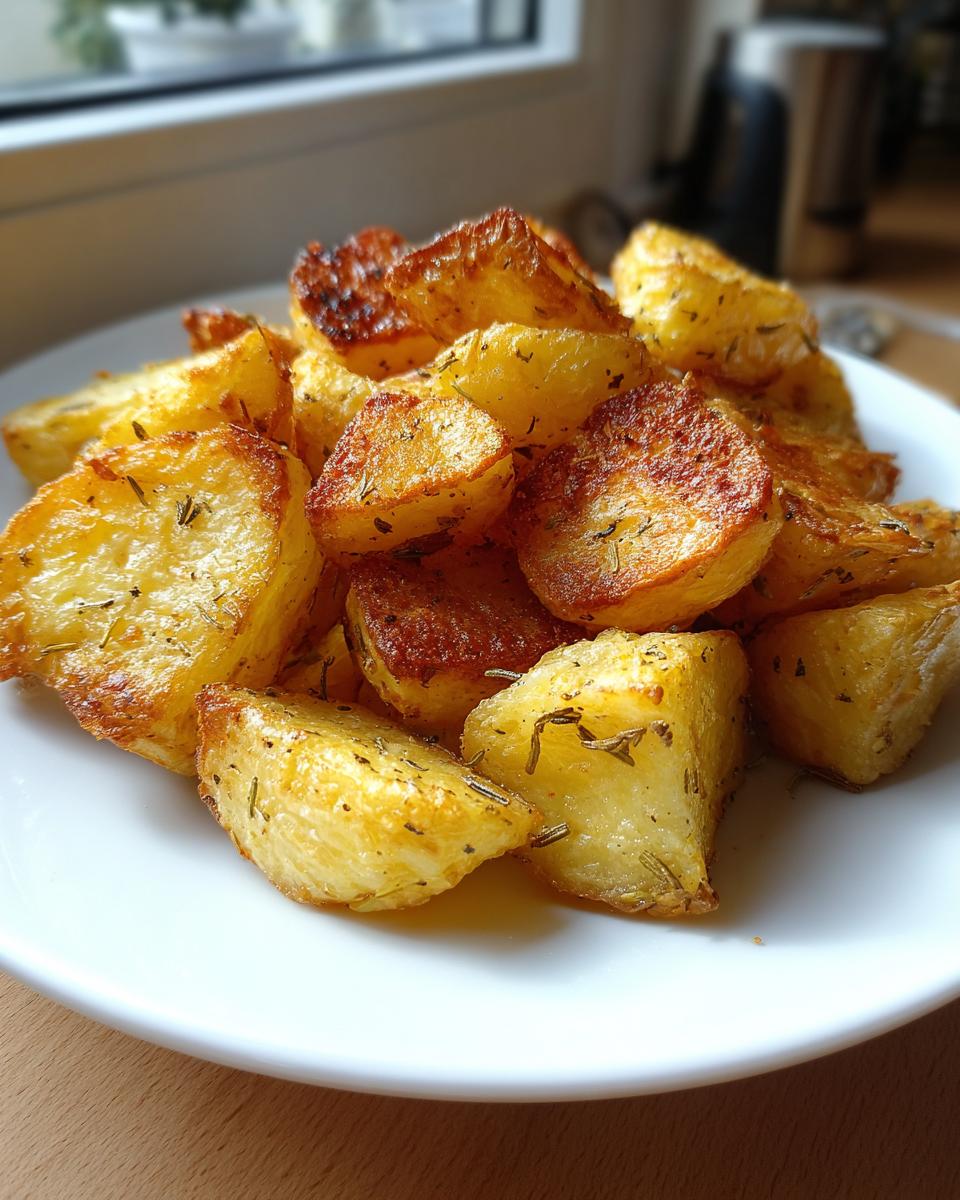 A pile of golden brown, crispy oven roasted potatoes seasoned with herbs on a white plate.