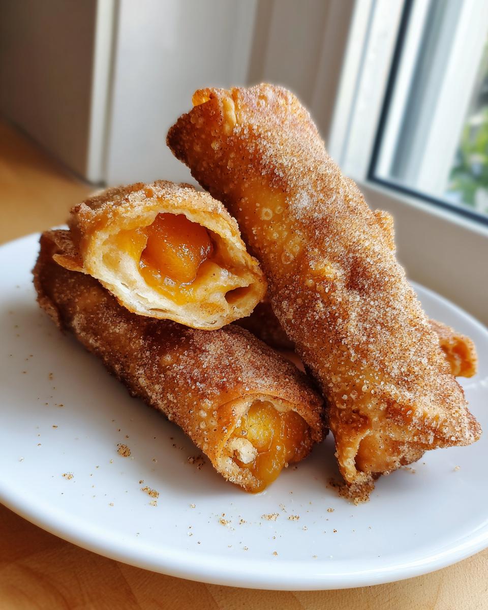 Close-up of three golden brown peach cobbler egg rolls dusted with cinnamon sugar, one cut open showing the peach filling.