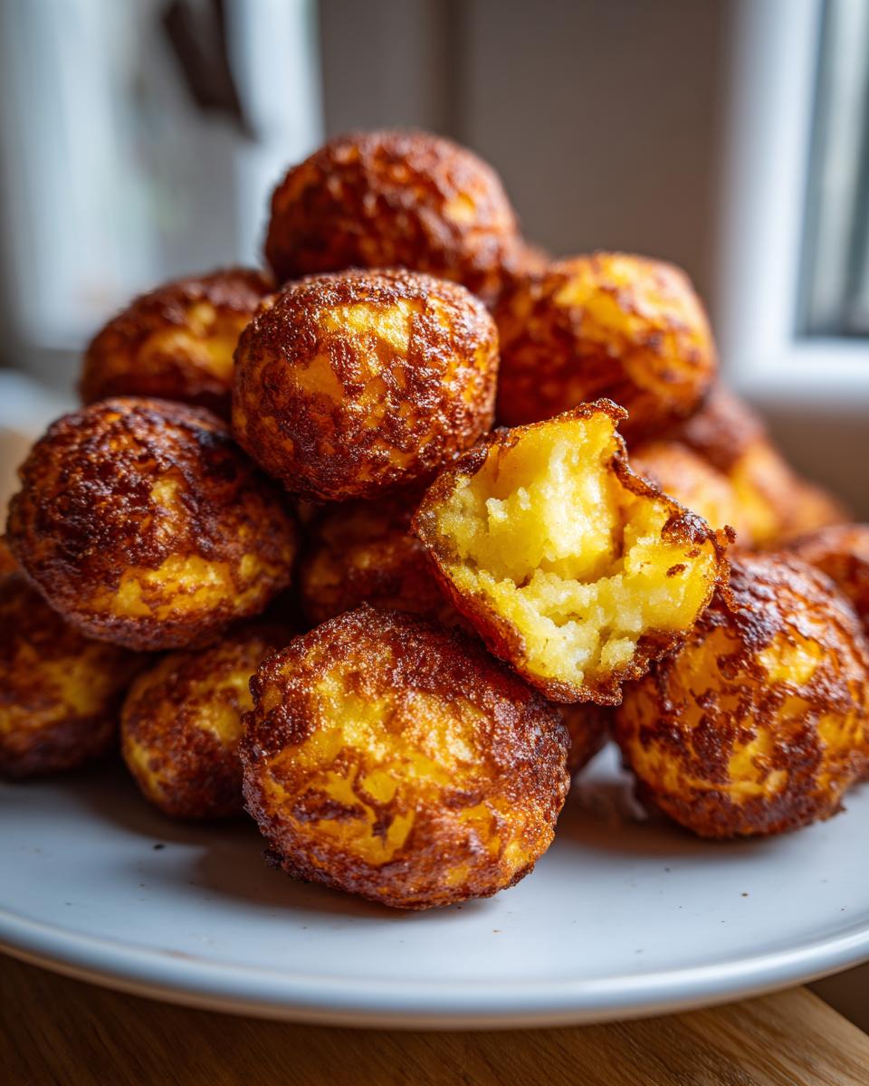 A pile of golden brown, crispy potato balls, one broken open to show the fluffy interior, related to amazing roast potatoes.