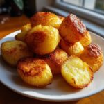 A pile of golden brown, crispy roast potatoes stacked on a white plate, showing a fluffy interior.