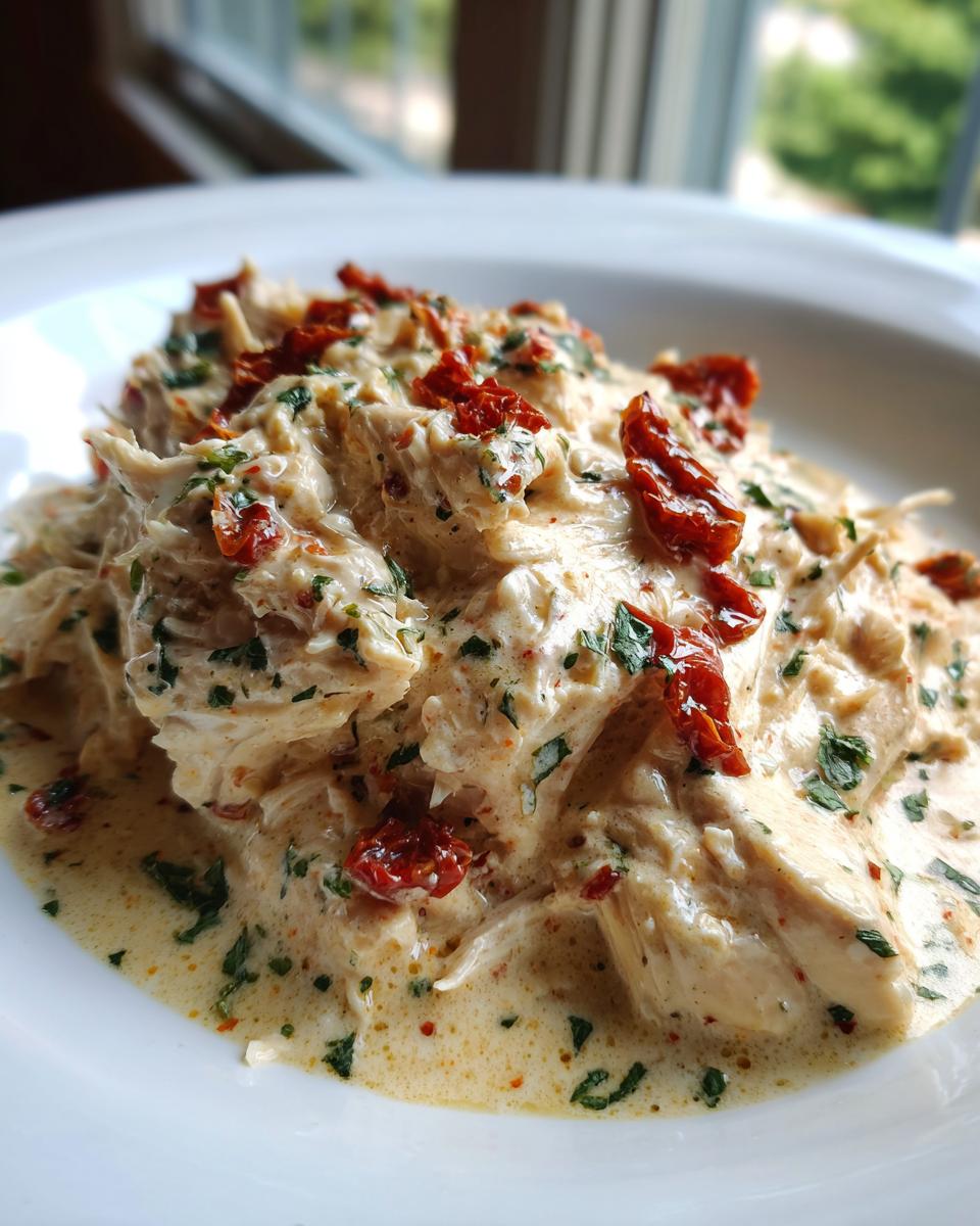 Close-up of shredded crockpot marry me chicken covered in creamy sauce, herbs, and sun-dried tomatoes.