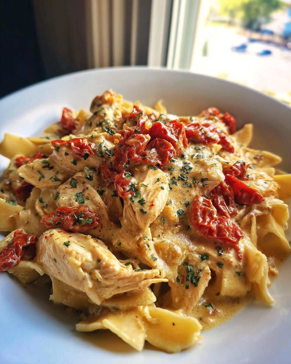 Close-up of creamy crockpot marry me chicken pieces mixed with wide egg noodles and topped with sun-dried tomatoes and parsley.