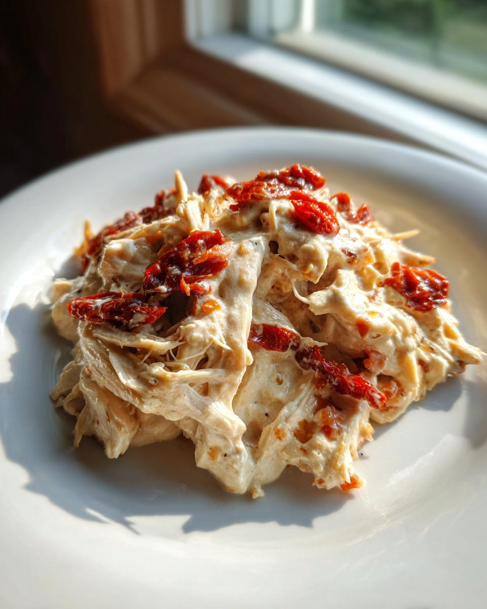 A serving of creamy, shredded crockpot marry me chicken topped with bright red sun-dried tomatoes on a white plate.
