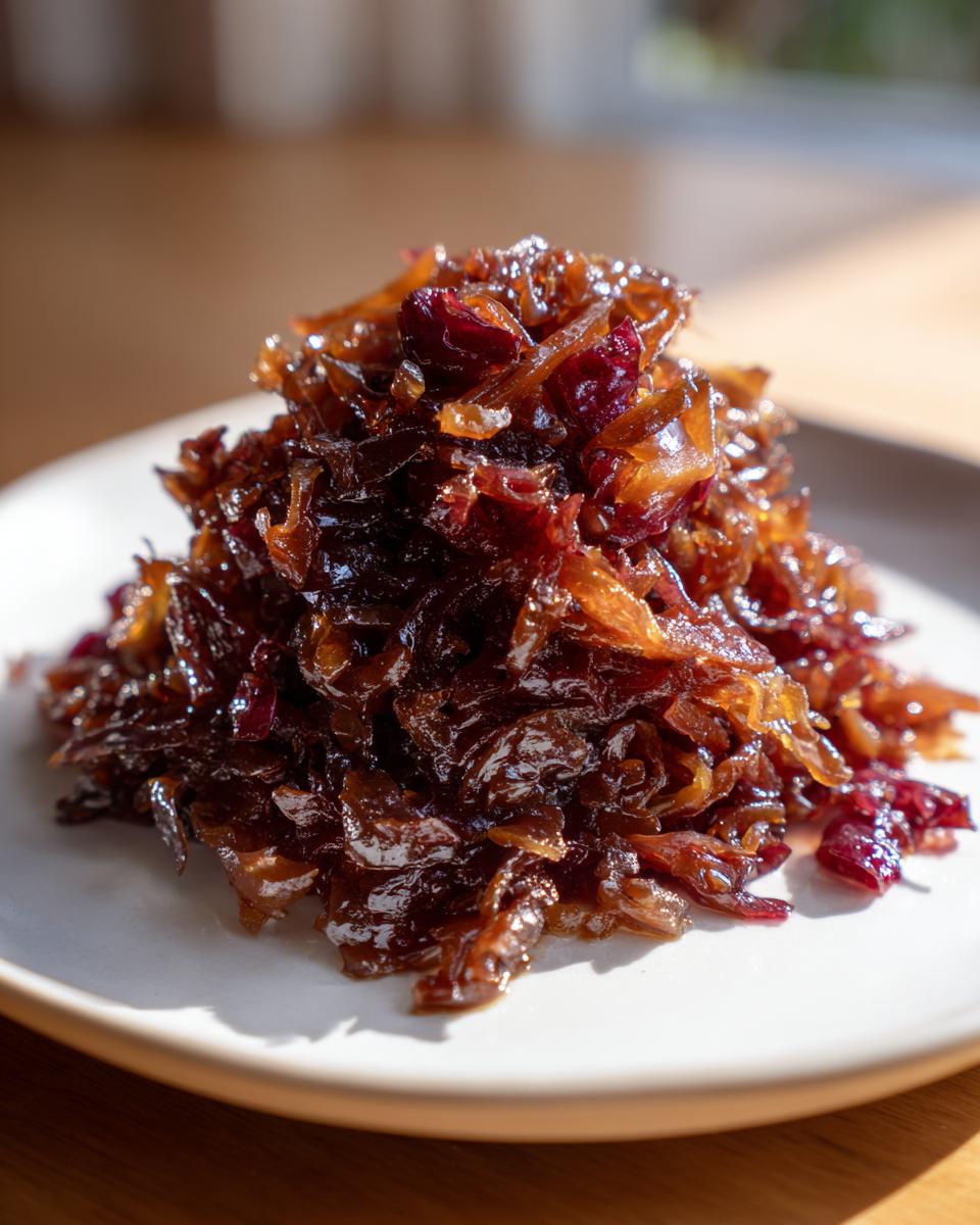 A mound of deeply browned, glossy caramelized onions piled high on a white plate, showcasing rich color.
