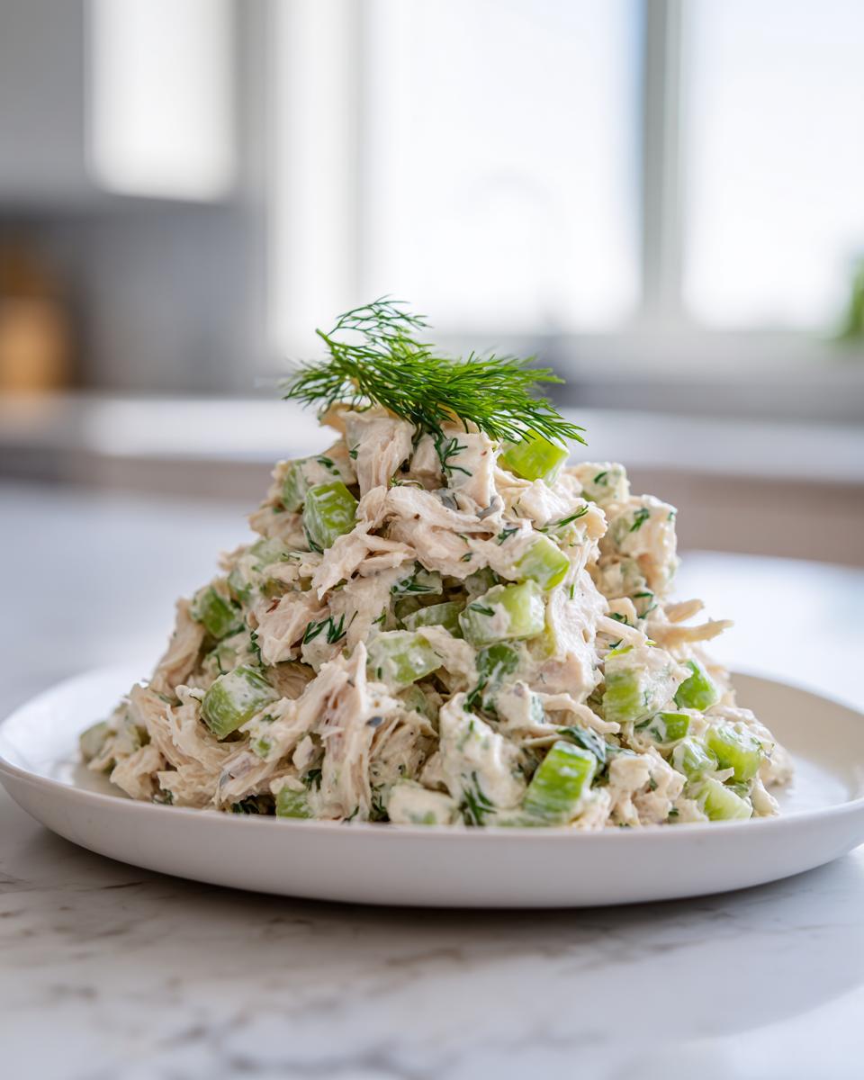 A tall mound of creamy dill pickle chicken salad featuring shredded chicken, celery chunks, and topped with fresh dill.
