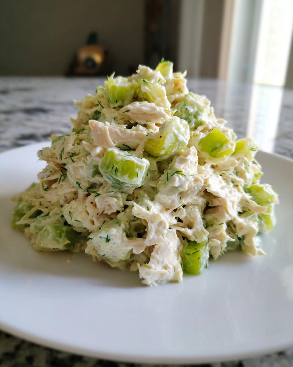 A mound of creamy dill pickle chicken salad featuring shredded chicken and bright green pickle pieces on a white plate.
