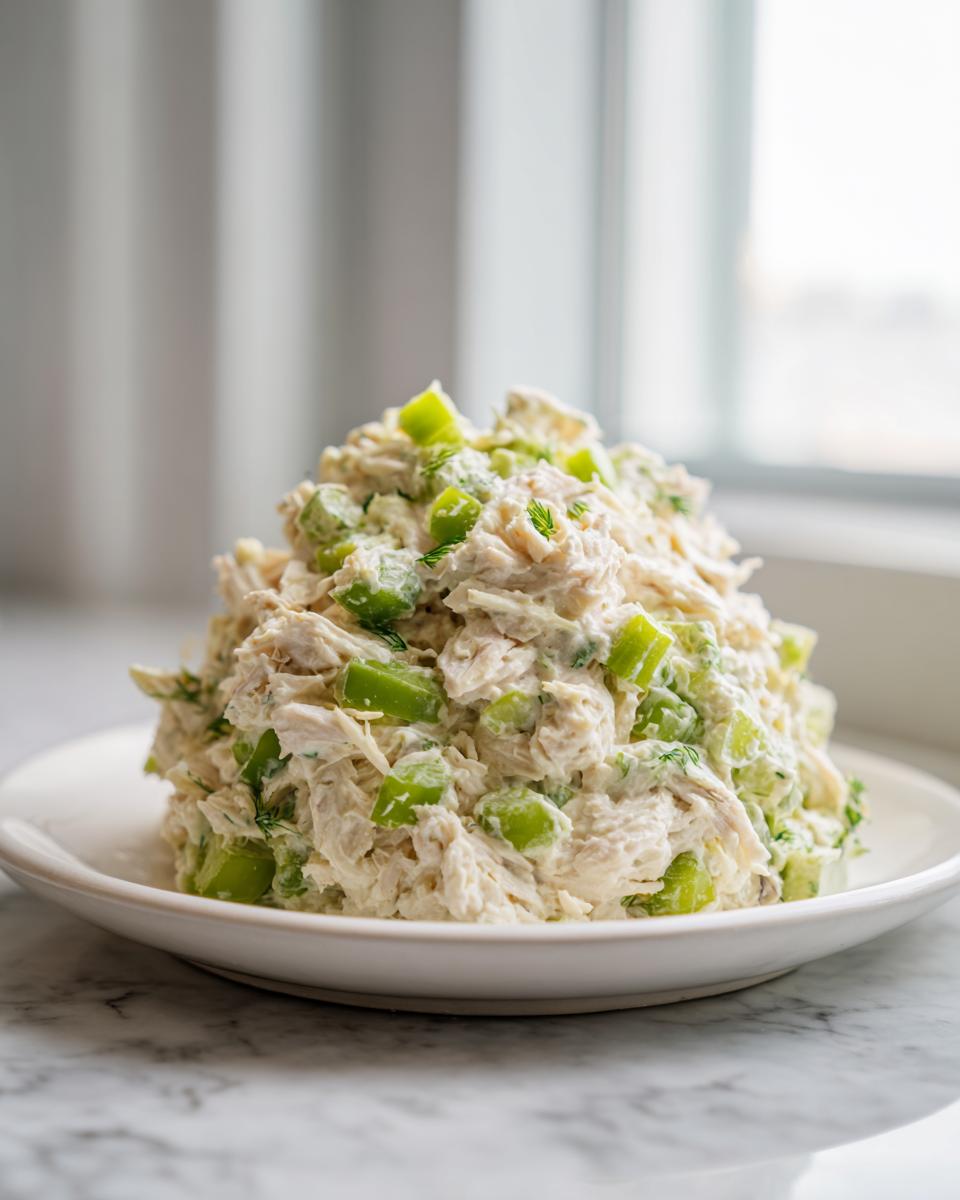 A mound of creamy dill pickle chicken salad mixed with shredded chicken and bright green celery chunks on a white plate.