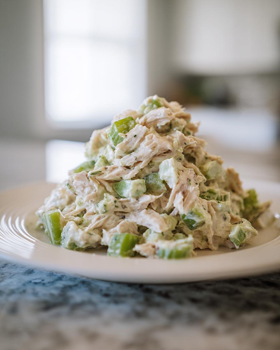 A mound of creamy dill pickle chicken salad featuring shredded chicken and bright green celery pieces, served on a white plate.