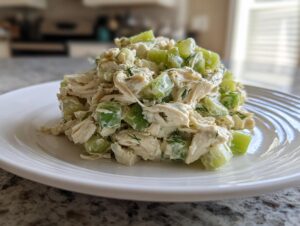 A mound of creamy dill pickle chicken salad featuring shredded chicken and large chunks of green celery on a white plate.