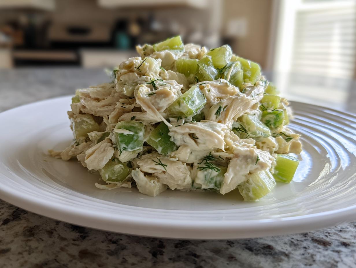 A mound of creamy dill pickle chicken salad featuring shredded chicken and large chunks of green celery on a white plate.