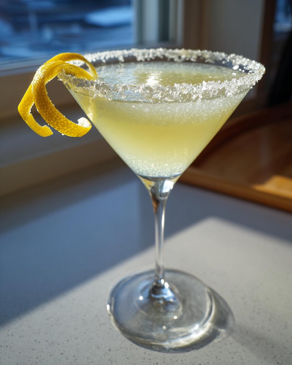 A frosty lemon drop martini in a coupe glass with a thick sugar rim and lemon twist garnish.