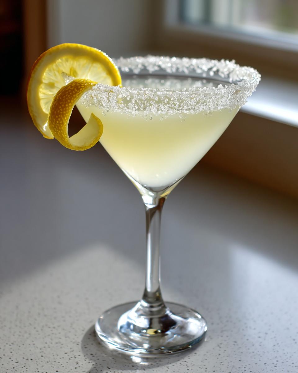 A bright, pale yellow lemon drop martini in a sugar-rimmed coupe glass, garnished with a lemon wheel and twist.