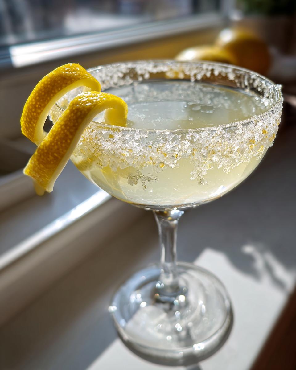 A chilled lemon drop martini in a coupe glass with a heavily sugared rim and lemon twist garnish.