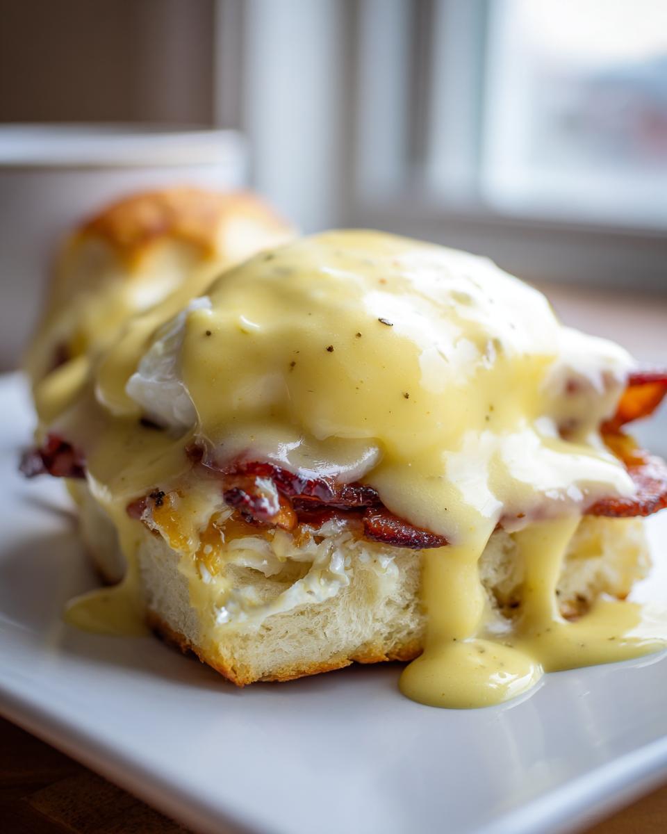 Close-up of a serving of eggs benedict casserole featuring biscuit base, bacon, poached egg, and dripping hollandaise sauce.