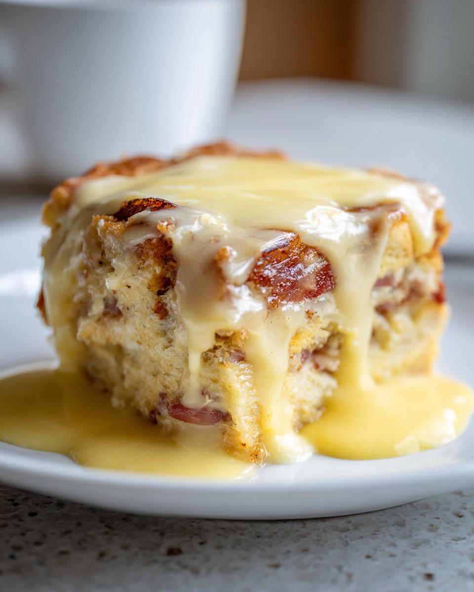A close-up of a portion of eggs benedict casserole topped generously with dripping hollandaise sauce.