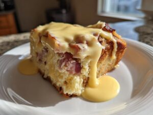 A thick slice of eggs benedict casserole topped with rich, dripping hollandaise sauce on a white plate.