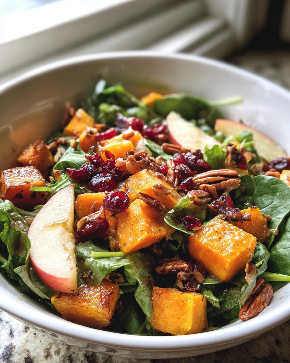 Close-up of a bowl filled with a vibrant fall harvest salad featuring roasted butternut squash, spinach, pecans, dried cranberries, and apple slices.