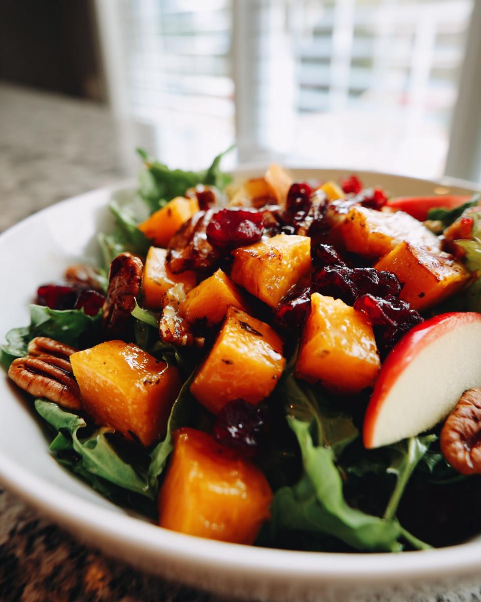 A vibrant bowl featuring a fall harvest salad with roasted butternut squash cubes, pecans, dried cranberries, and apple slices over greens.