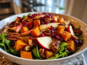 A close-up bowl featuring a vibrant fall harvest salad with roasted squash, apple slices, pecans, and dried cranberries over greens.
