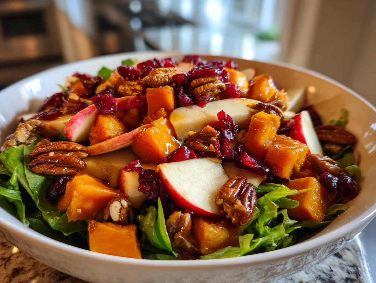 A close-up bowl featuring a vibrant fall harvest salad with roasted squash, apple slices, pecans, and dried cranberries over greens.