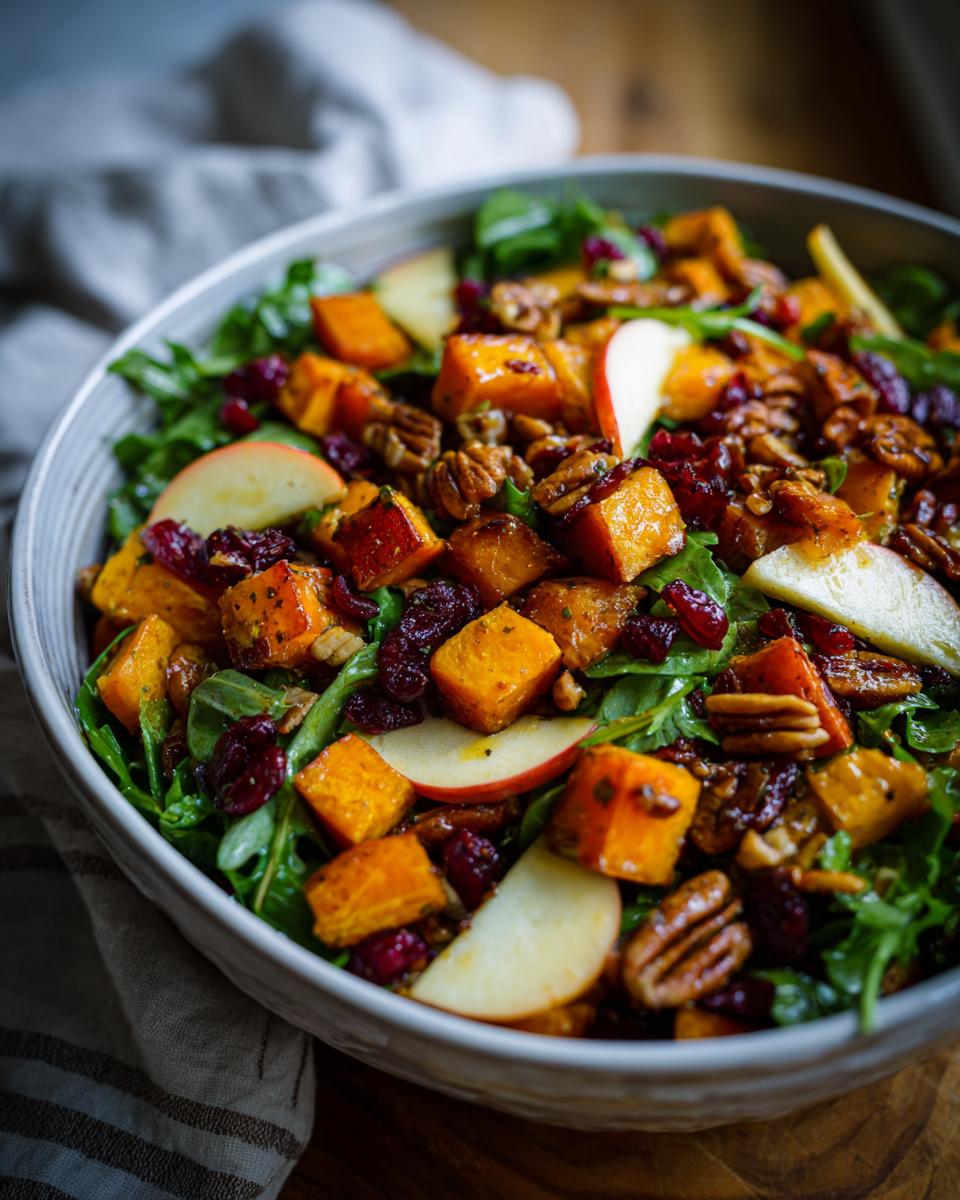 Close-up of a vibrant fall harvest salad featuring roasted butternut squash, apple slices, pecans, and dried cranberries over greens.