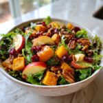 A close-up of a vibrant fall harvest salad featuring roasted squash, apple slices, pecans, and dried cranberries over mixed greens.
