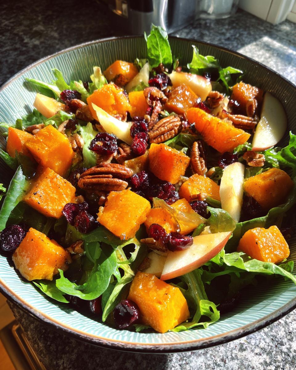 Close-up of a vibrant fall harvest salad featuring roasted butternut squash, pecans, dried cranberries, and apple slices over mixed greens.
