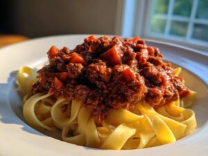 A close-up of rich, dark red bolognese sauce generously spooned over a bed of fresh tagliatelle pasta on a white plate.