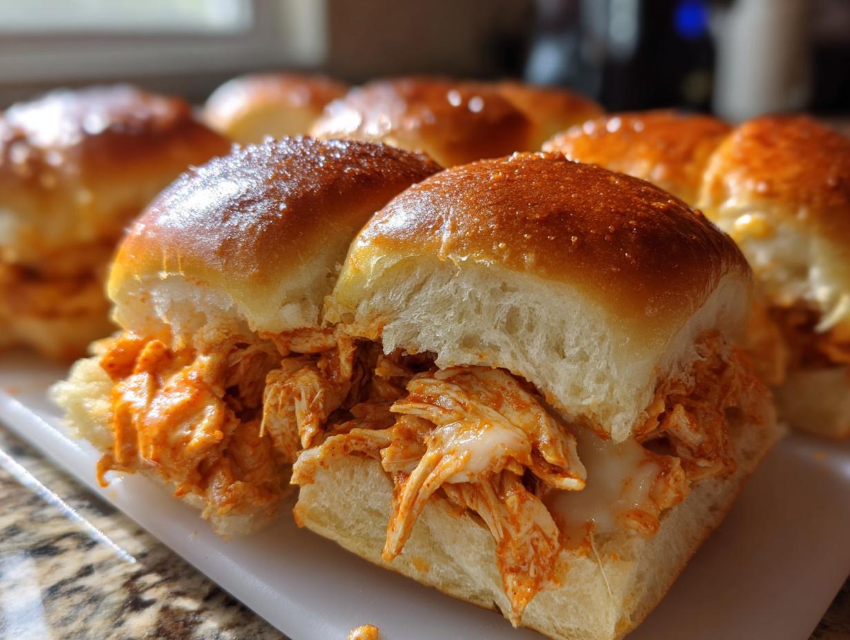 A close-up view of freshly baked buffalo chicken sliders filled with shredded, saucy chicken and melted cheese.