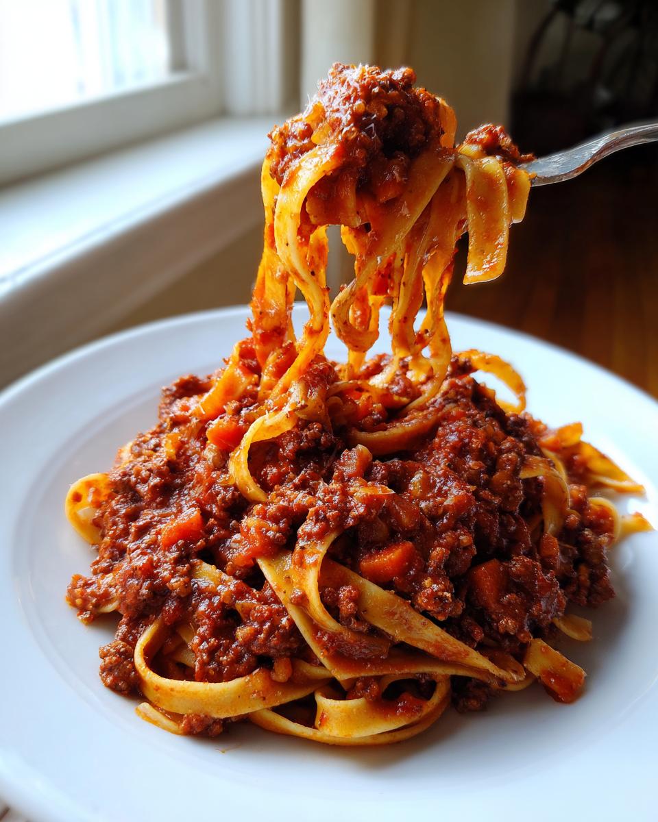 A fork lifts a twirl of fettuccine pasta heavily coated in rich, meaty bolognese sauce from a white plate.