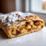 A close-up, cross-section view of a delicious apple strudel slice showing flaky pastry and warm apple filling dusted with powdered sugar.