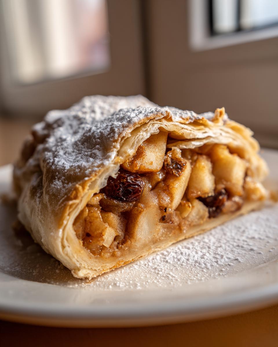 A close-up of a delicious slice of apple strudel, showing flaky pastry and apple filling dusted with powdered sugar.
