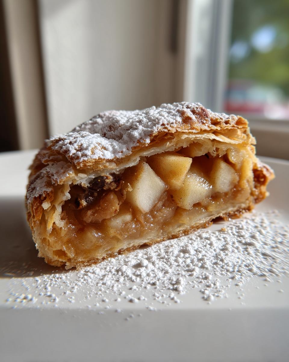Close-up of a single serving slice of apple strudel, showing flaky pastry and chunky apple filling, dusted with powdered sugar.
