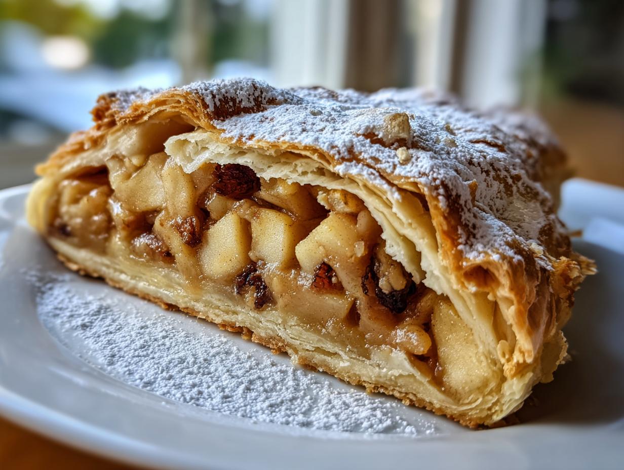 Close-up of a flaky slice of apple strudel filled with spiced apples and raisins, dusted heavily with powdered sugar.