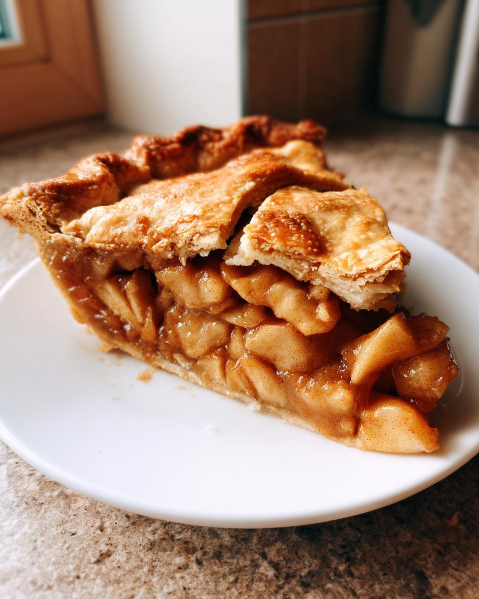 Close-up of a thick slice of apple pie showing the flaky golden crust and cinnamon-spiced apple filling.