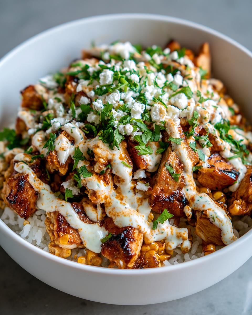A close-up of a delicious chicken rice bowl topped with white sauce, crumbled cheese, and fresh parsley.