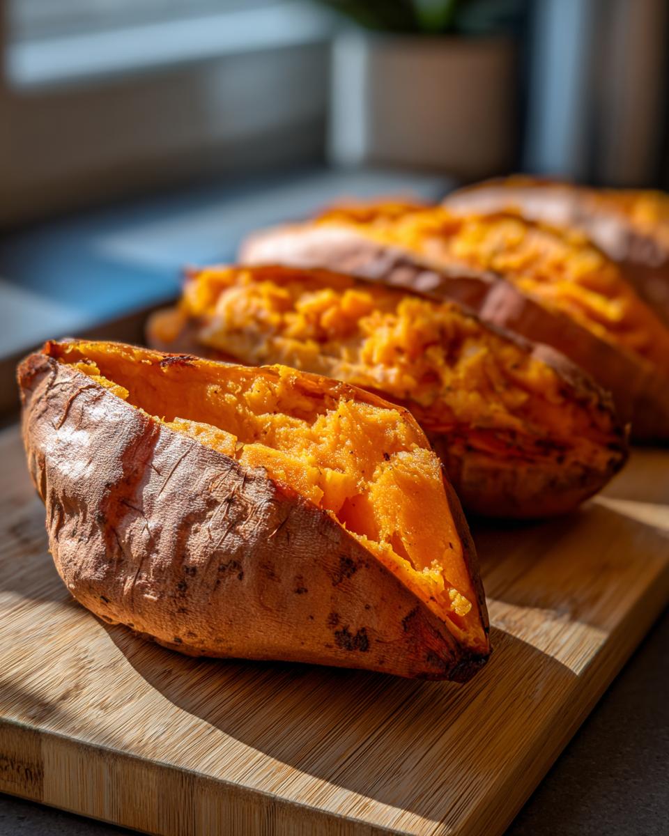Close-up of several perfectly baked sweet potatoes split open, showing fluffy orange insides, resting on a wooden board.